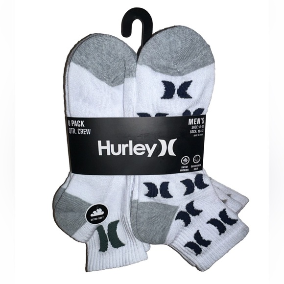 Hurley Quarter Crew Socks 6 Pair Men 8-12 White Gray w Mix Logo Surf RideCushion - Picture 1 of 10